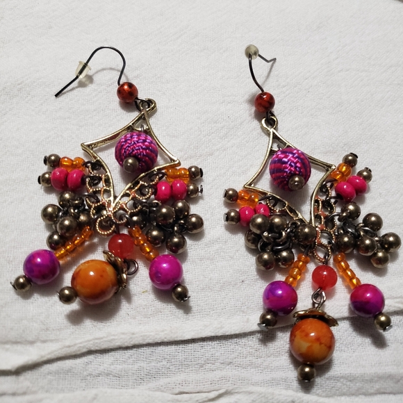 Colorful brushed Goldtone dangles with glass beads Earrings - Picture 2 of 4